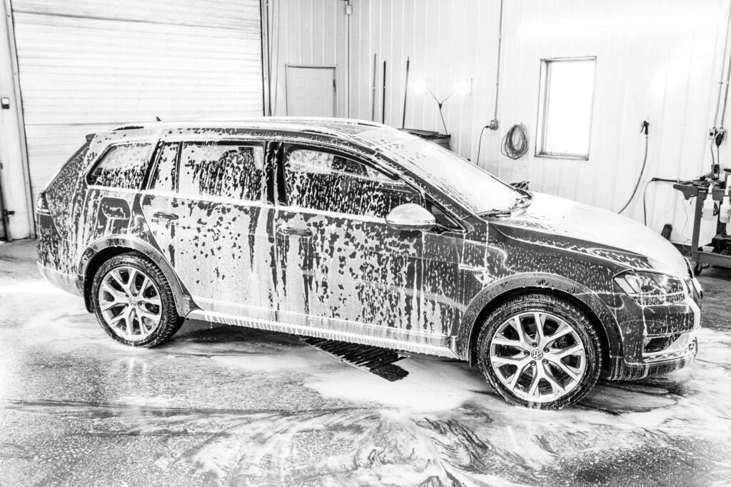Car allowed to soak in soap foam.