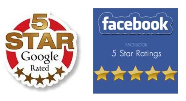 Graphic image representing five-star rating on Google and facebook